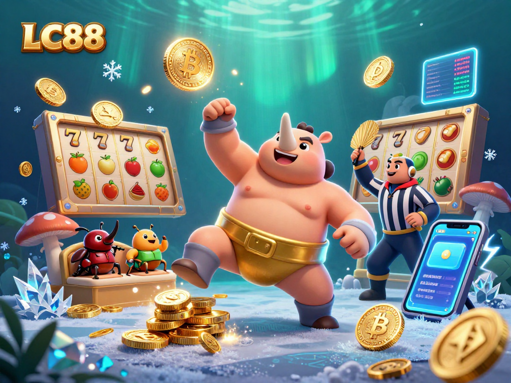 Experience thrilling gaming moments with LC88 in a vibrant 3D illustration filled with excitement and action.