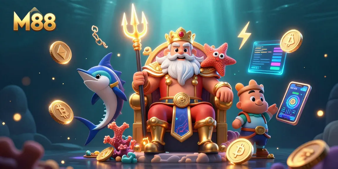 M88 showcases a vibrant underwater casino scene featuring Neptune surrounded by crypto elements and engaging game items.