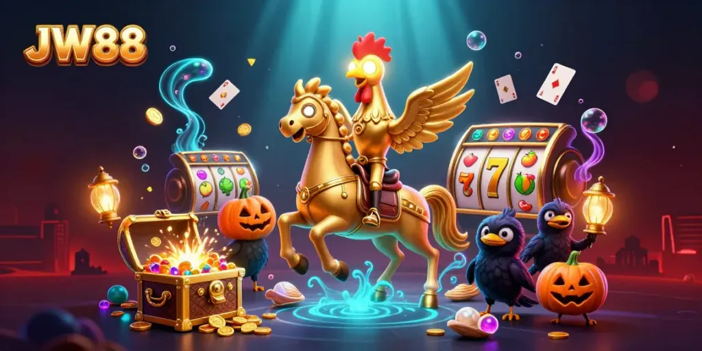Experience the excitement at JW88 with golden rooster avatars in a vibrant casino setting.