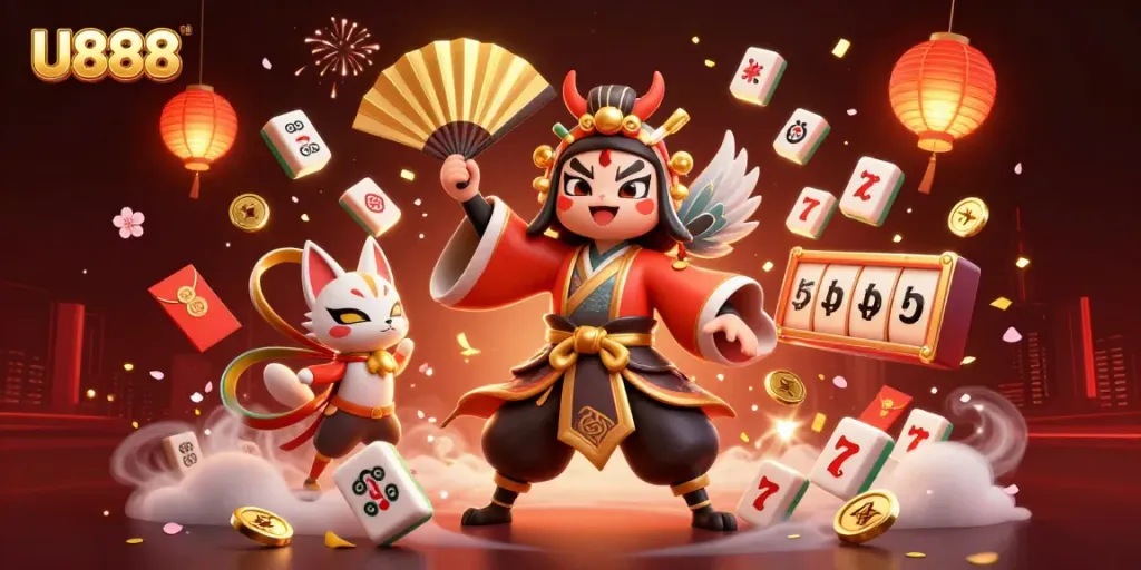 Engage with U888's exciting slots in a vibrant 3D casino illustration featuring dynamic game elements.