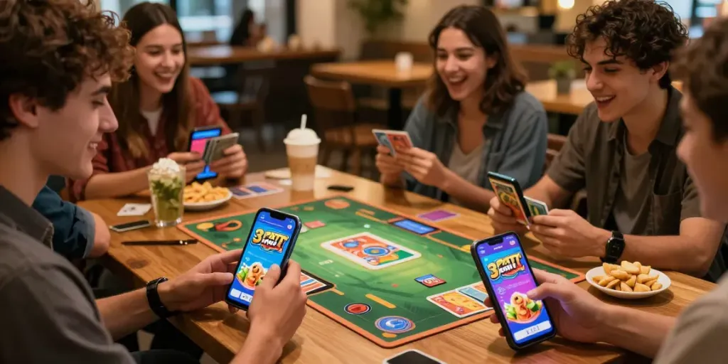 Exciting multiplayer gaming experience with 3 Patti No1 app at a café, showcasing vibrant graphics and social interactions.