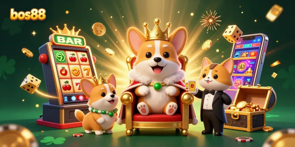 Experience the thrill of bos88 with a vibrant 3D casino illustration featuring a royal corgi and dynamic game elements.