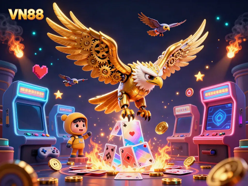 Experience the thrilling action at VN88 with a cybernetic eagle diving through holographic cards amidst colorful casino elements.