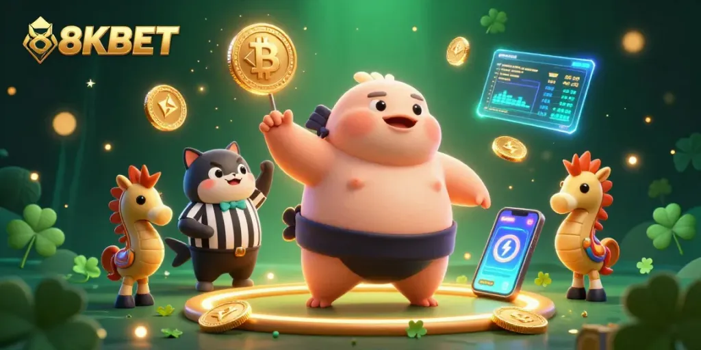 Engage with 8KBET through this vibrant illustration featuring a fugu in a sumo costume and crypto elements.