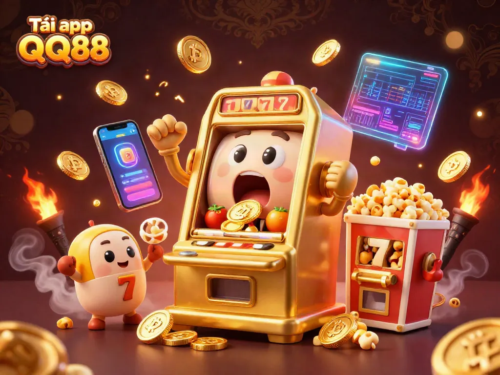 Tải app QQ88 while enjoying a vibrant 3D slot machine illustration of a golden jackpot moment.