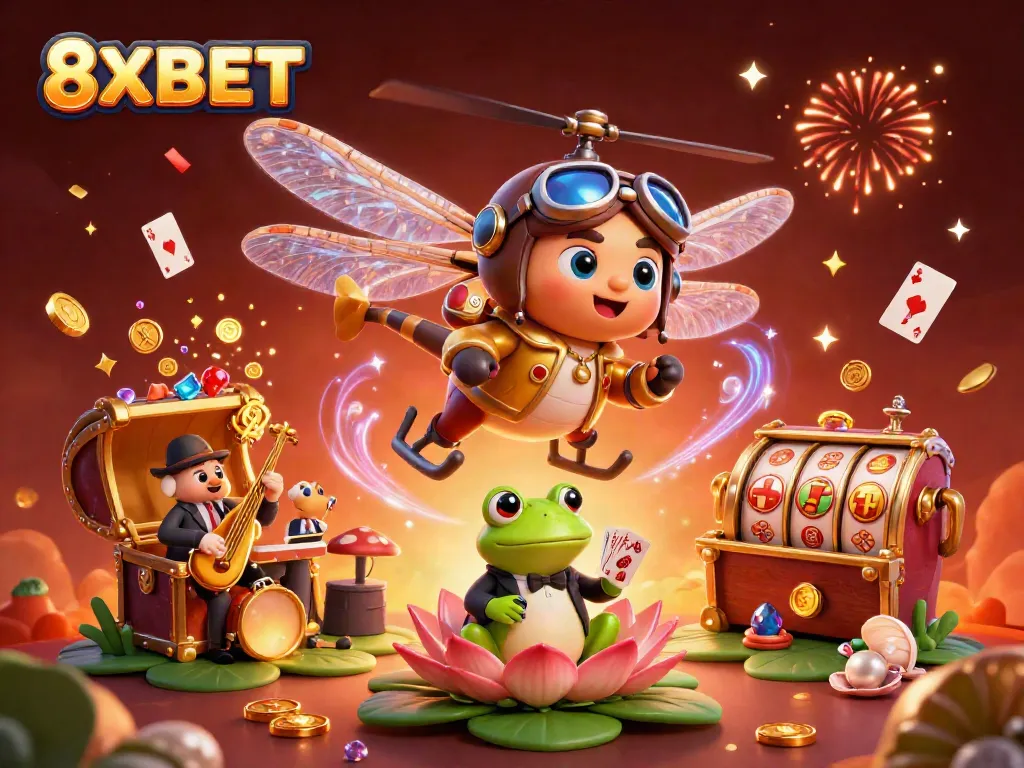 8XBET showcases an exciting digital casino scene with a dragonfly pilot and frog croupier dealing cards.