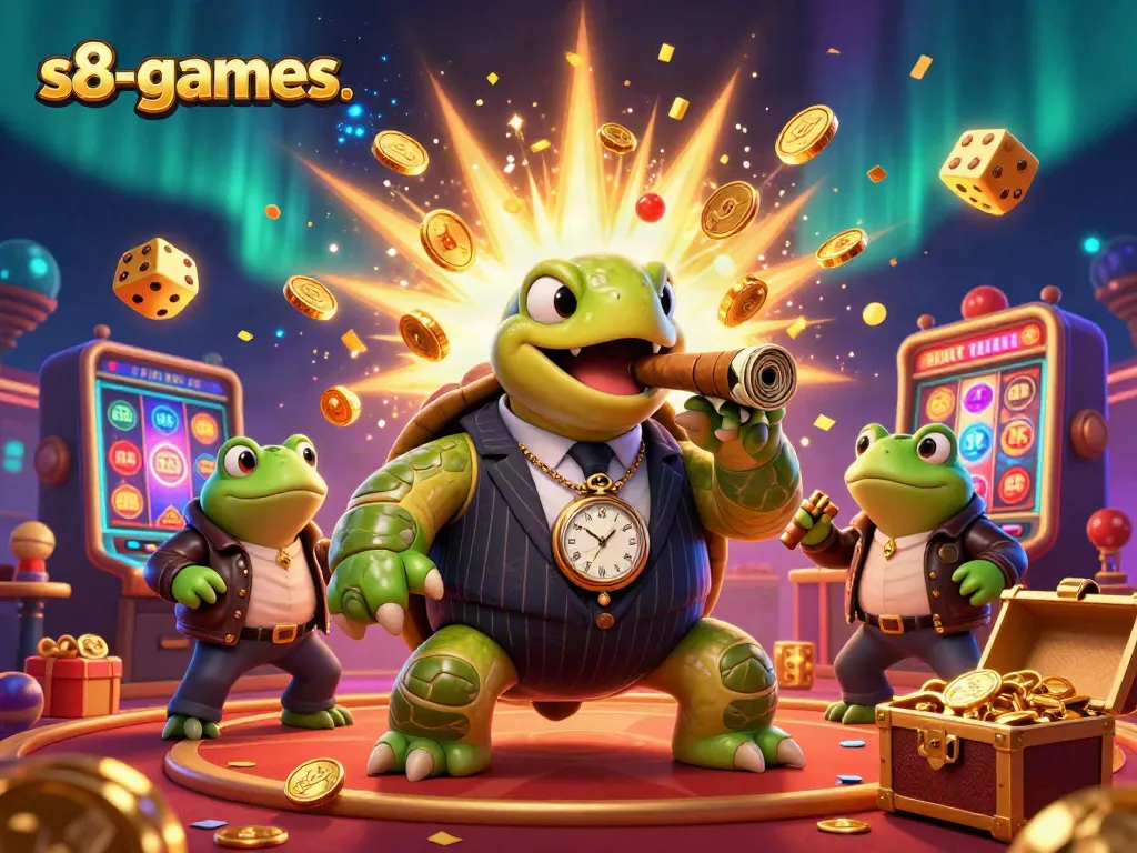 S8-games showcases a lively casino scene featuring a snapping turtle and bullfrogs among explosive jackpot elements.