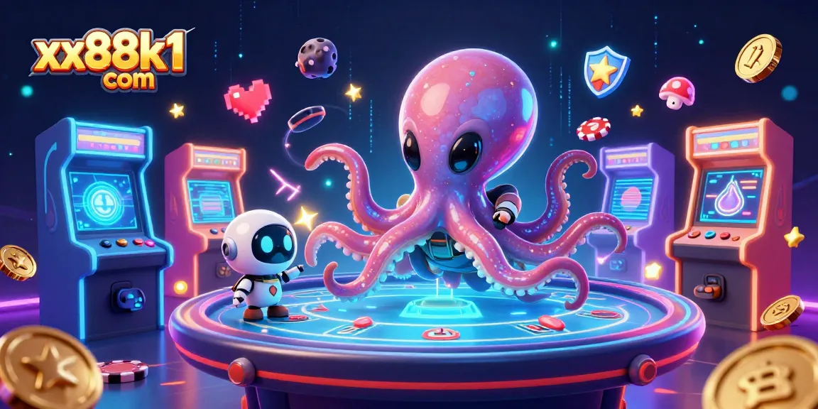 Experience exciting gameplay at xx88k1 com with alien octopus and robot companions at a cosmic poker table!
