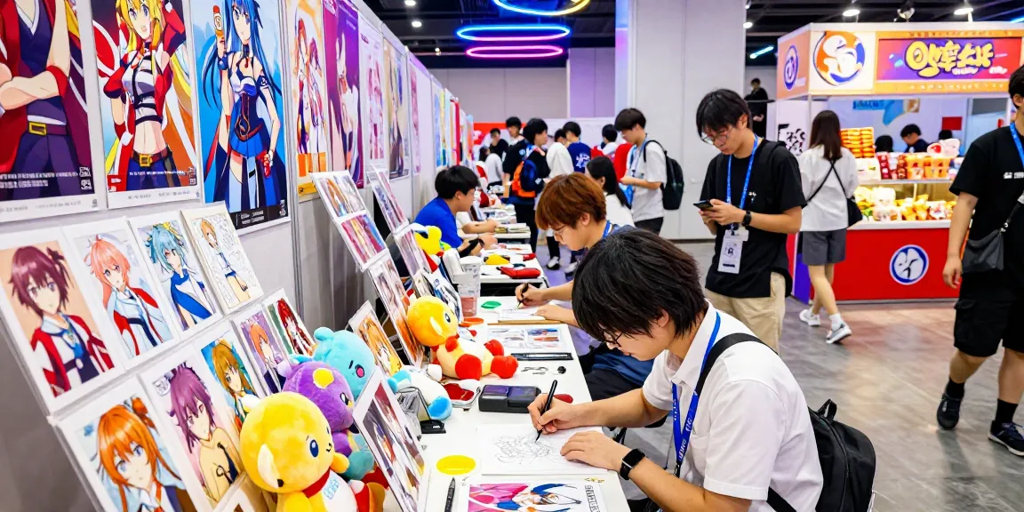 ai ecchi character surrounded by fans at anime convention with vibrant artwork