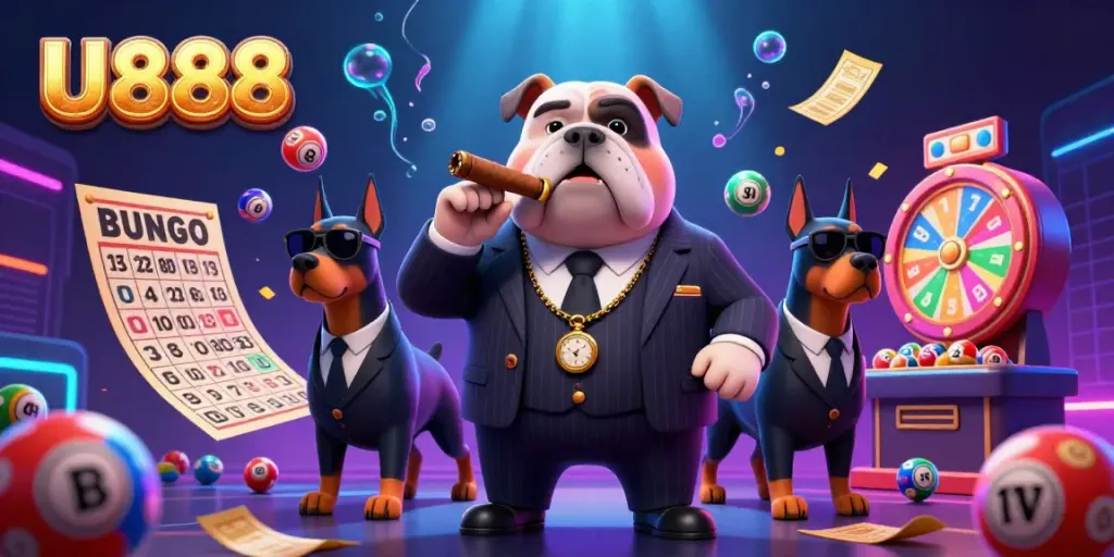 U888 online casino scene featuring a mafia bulldog and bodyguard Dobermans with vibrant games elements.