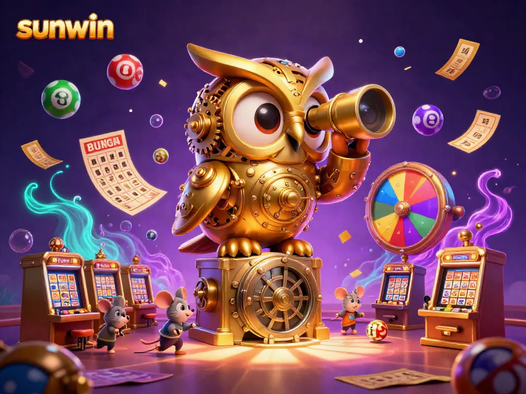Experience thrilling gameplay at sunwin with a dynamic scene featuring a golden owl, slot machines, and colorful lottery elements