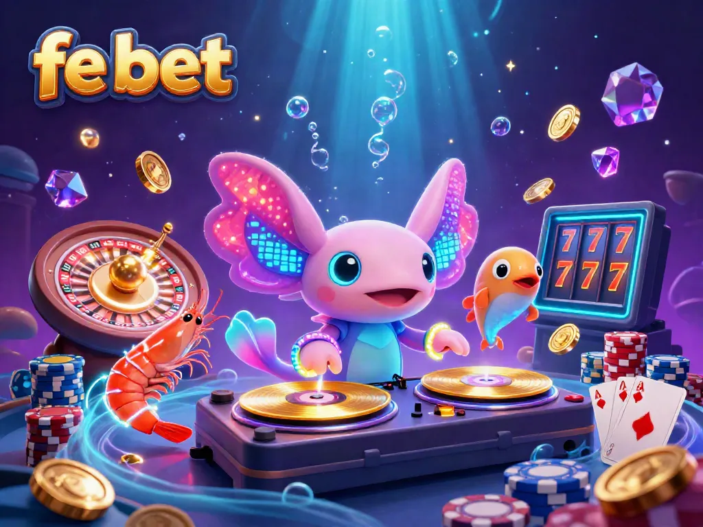 Experience thrilling casino fun at fe bet with a vibrant 3D illustration showcasing an axolotl DJ and dynamic gaming elements.