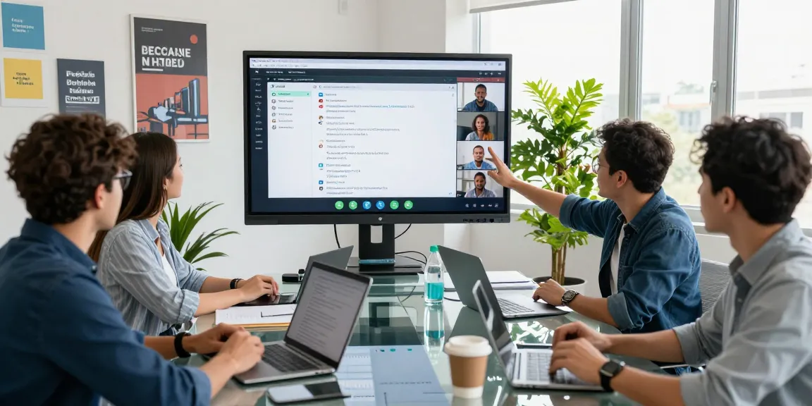 Team collaborating on WhatsApp網頁版 video call in a modern office setting