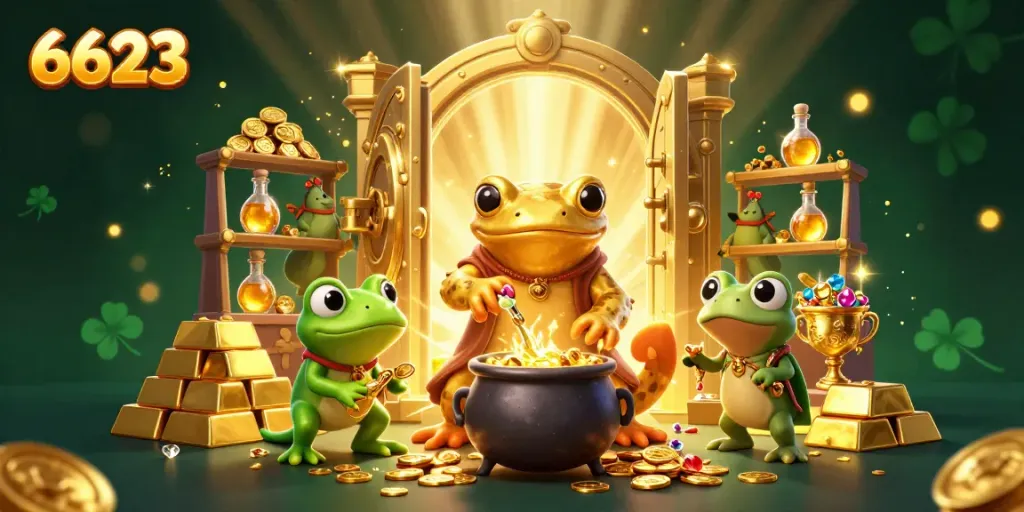 Experience a rich gaming universe with 6623, featuring a golden salamander alchemist amidst overflowing treasures.