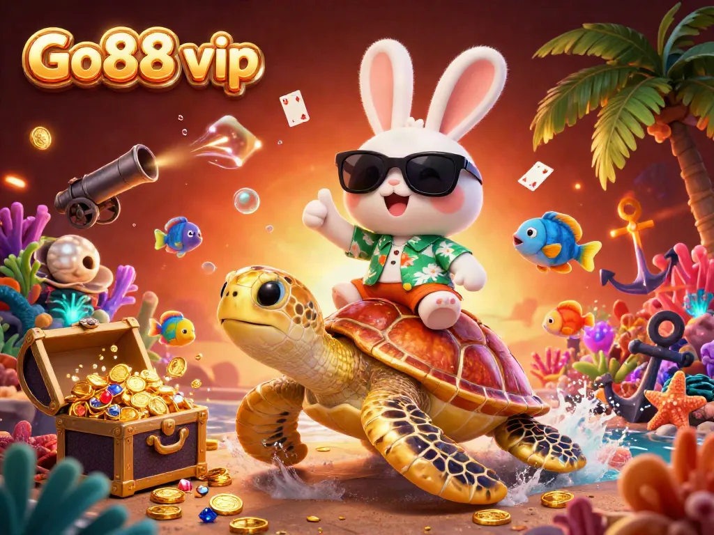 Engage in Go88 vip with an animated casino scene showcasing a lucky rabbit and a golden turtle in a vibrant underwater world.