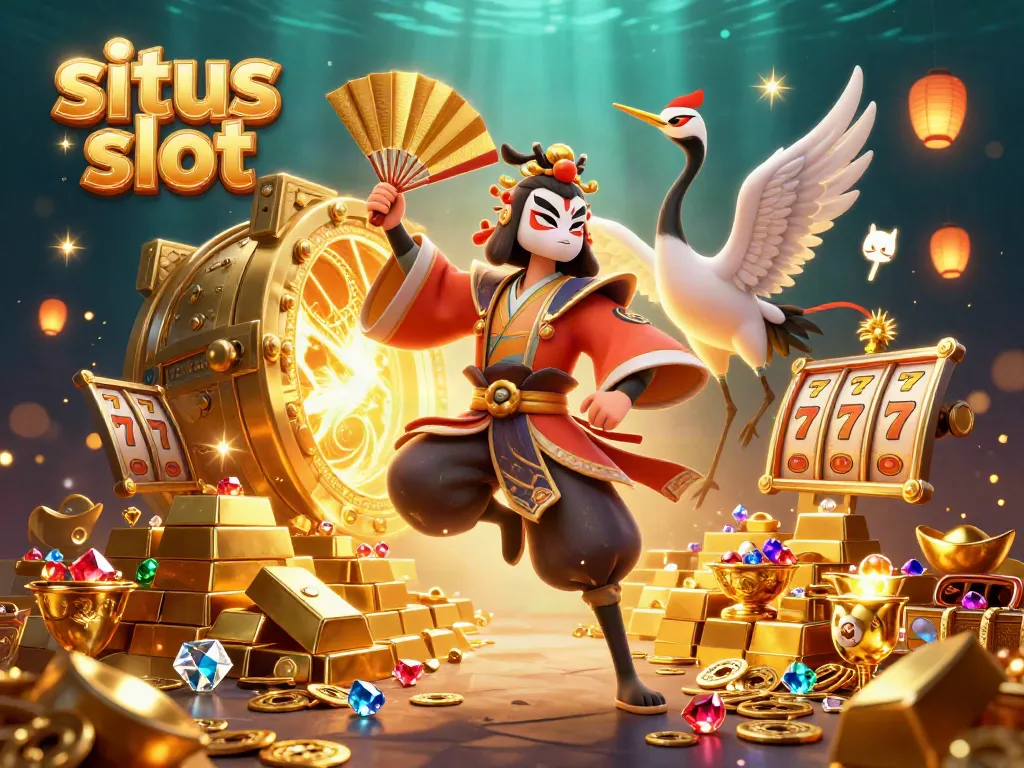Experience situs slot excitement with vibrant characters and treasures in a 3D casino scene.