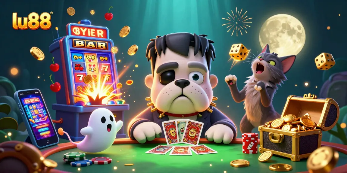 lu88 gaming scene featuring a Frankenstein bulldog, ghost mouse, and werewolf kitten at a colorful casino table.