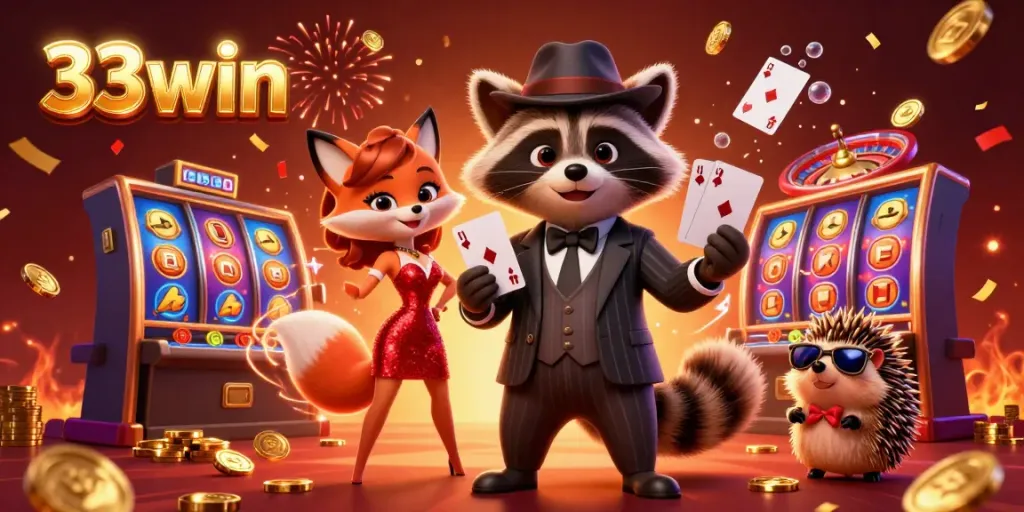 Catch thrilling gameplay with 33win featuring a cartoon raccoon holding a royal flush in a vibrant casino setting.