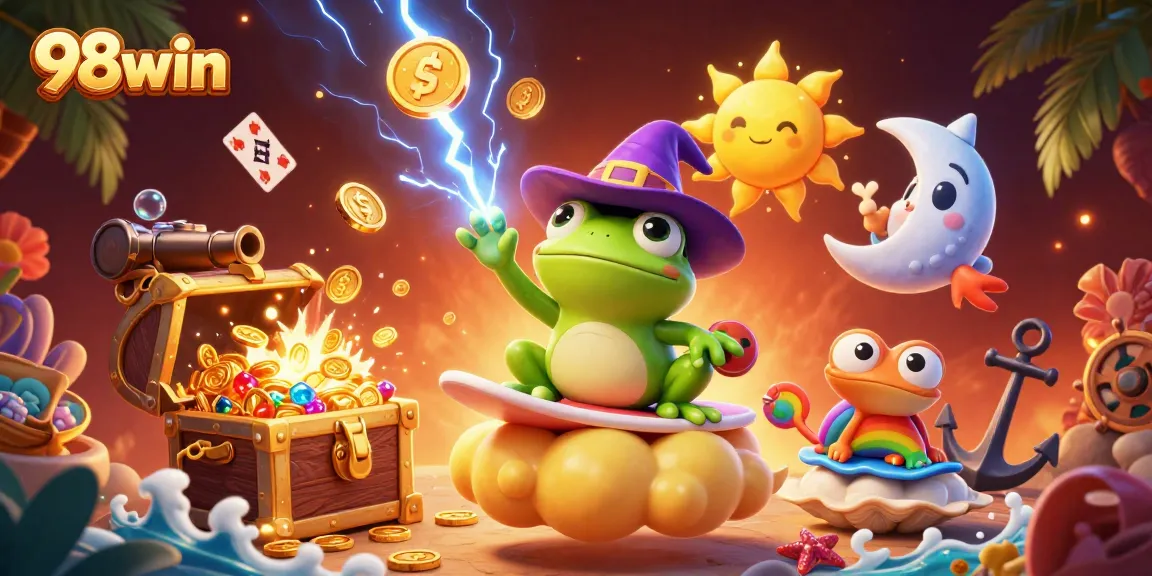 Experience the thrill of 98win with a magical illustration of coins and chameleons.