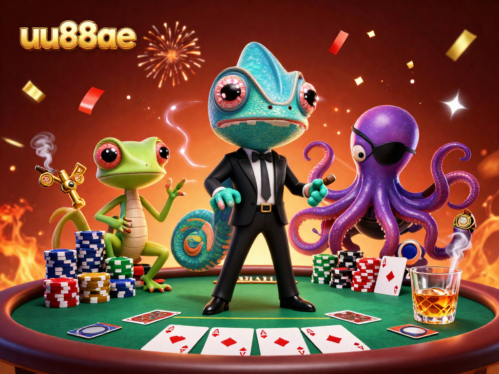 Engage in thrilling poker action with uu88ae as a chameleon agent and a tech-savvy gecko amidst vibrant casino ambiance.