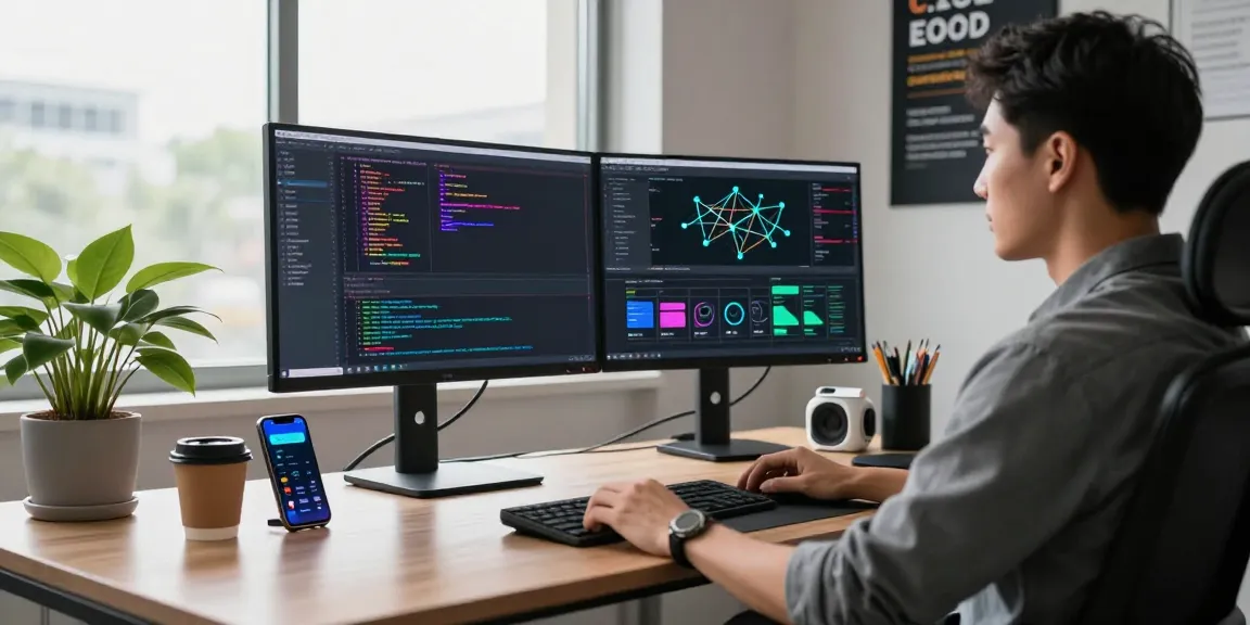 快连 network acceleration experience in a modern office with developer coding and high-tech setup.