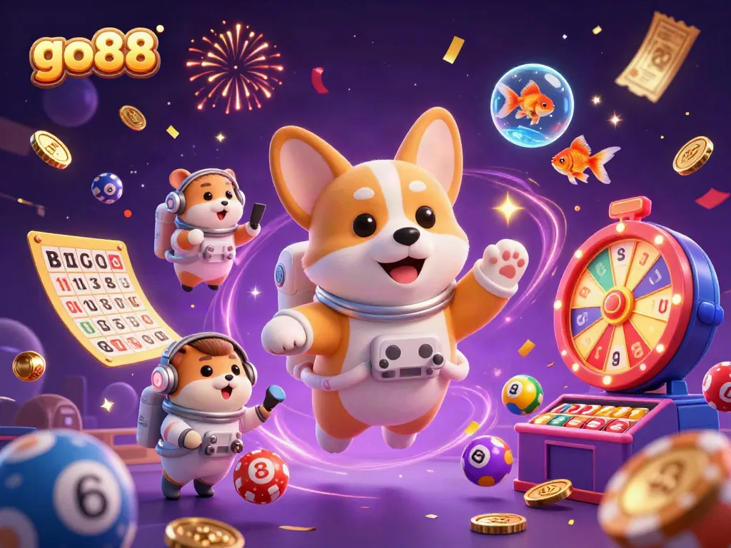 Go88 gaming illustration showing a vibrant casino scene with an astronaut corgi in zero gravity.