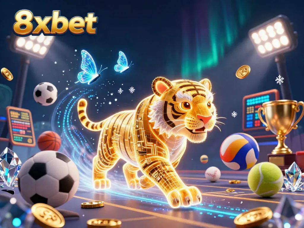 Engage with 8xbet in a vibrant digital casino scene filled with animated sports elements and dynamic gambling excitement.