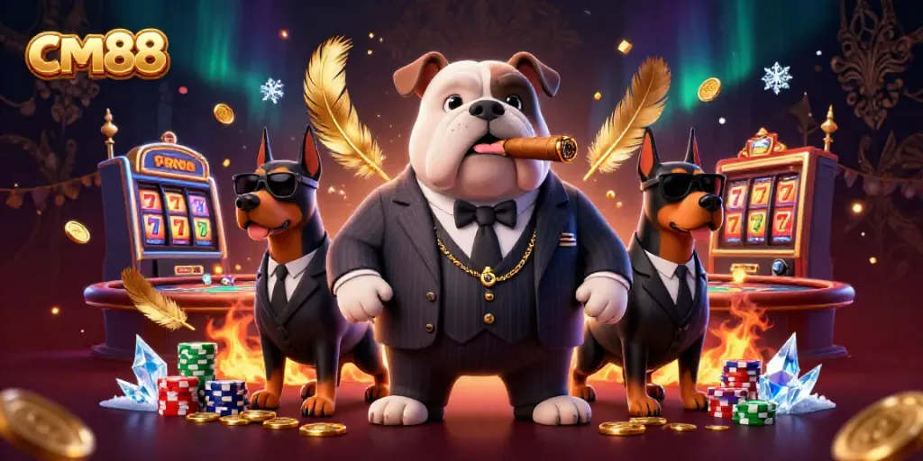 Spin and win at cm88 with an epic casino scene featuring a mafia bulldog and bodyguard Dobermans.