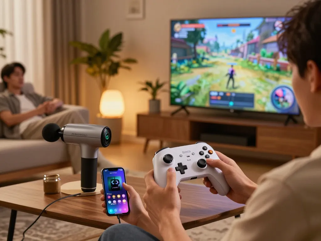 Engaging scene showcasing affordable tech gadgets like 8BitDo Ultimate 2 controller and Renpho Power Massage Gun in a cozy living room.