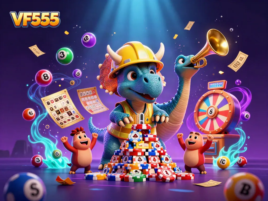 Engage with VF555 excitement as triceratops and friends celebrate in a vibrant casino scene.