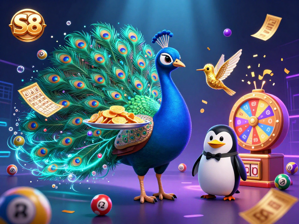 Experience S8's vibrant casino atmosphere with the peacock and penguin amidst a lottery game.