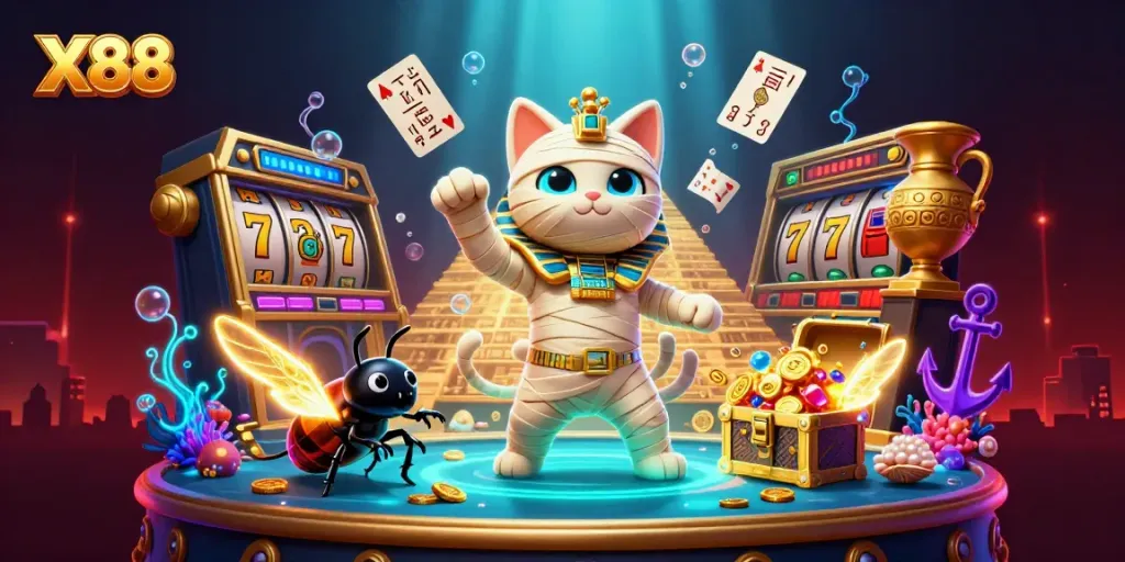 X88 gaming scene with a cartoon mummy cat and scarab beetle, featuring slot machines and treasure