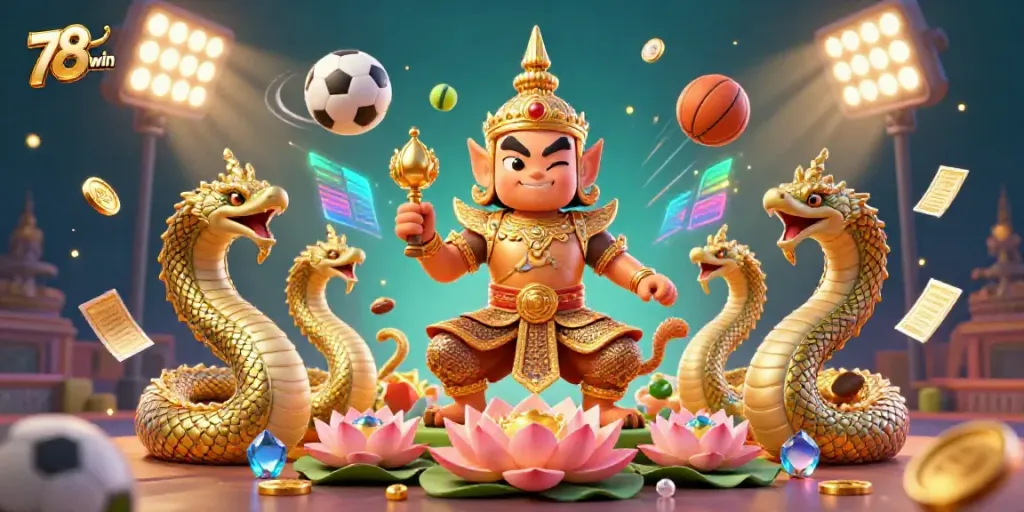 Experience thrilling action with 78win in this vibrant 3D casino scene featuring a temple guardian and sports elements.