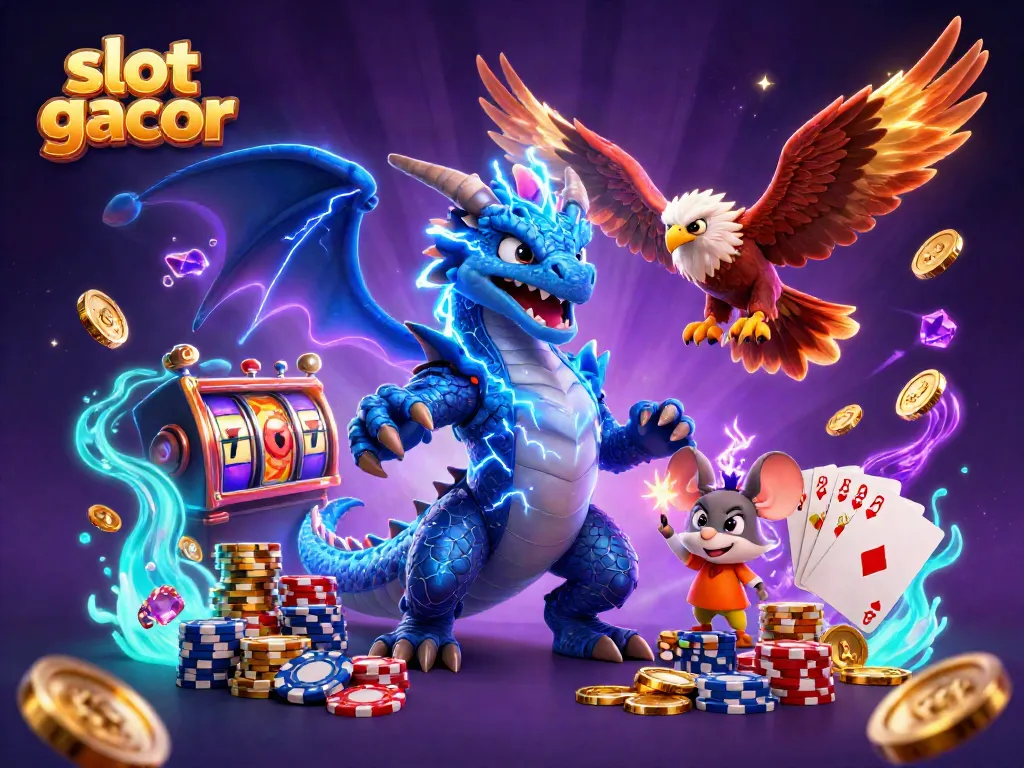 Experience thrilling slot gacor action with a vibrant, animated casino scene featuring iconic gaming elements.
