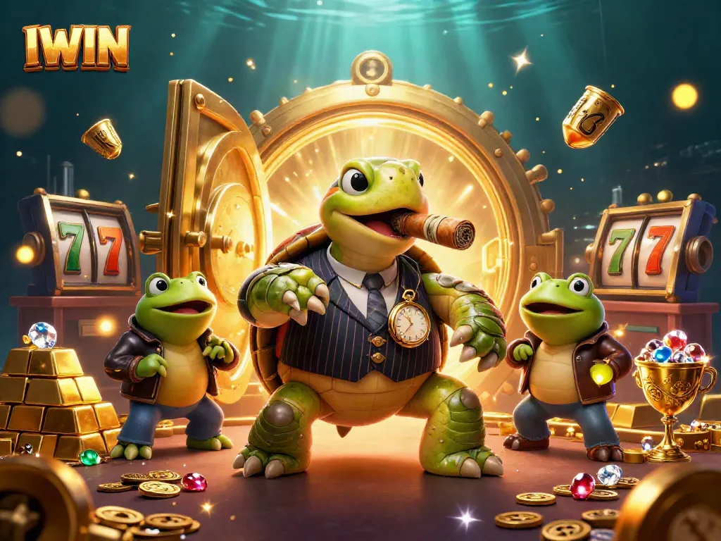 IWIN engages players with a thrilling gambling scene featuring a turtle mobster and flanked bullfrogs.