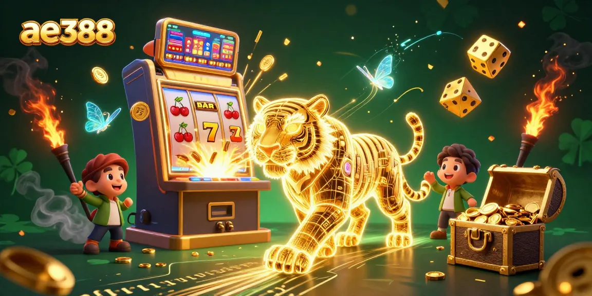Engage with ae388's vibrant casino environment featuring a neon-wireframe golden tiger and a jackpot explosion.