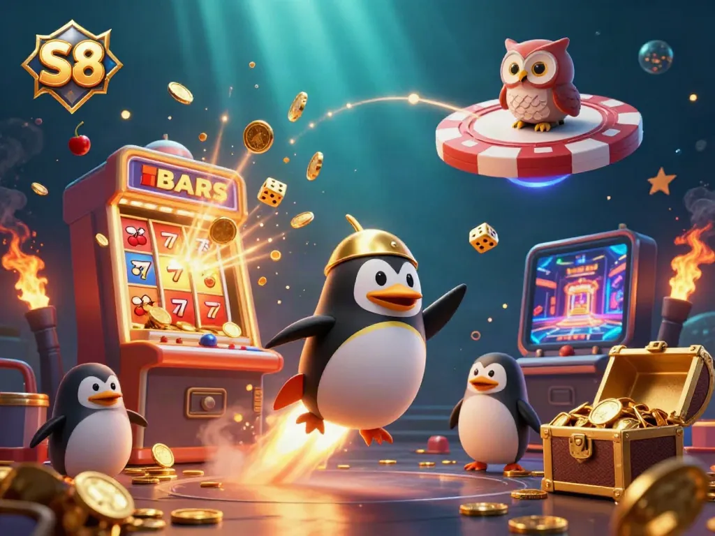 Experience the thrill of S8 gaming with a golden penguin soaring through a vibrant casino universe filled with jackpots.