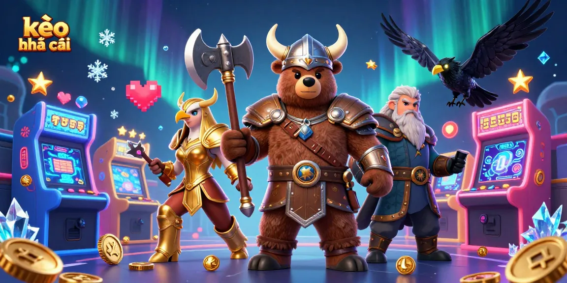 Engage with kèo nhà cái through this dynamic 3D scene featuring Viking and Valkyrie characters amidst vibrant gaming elements.