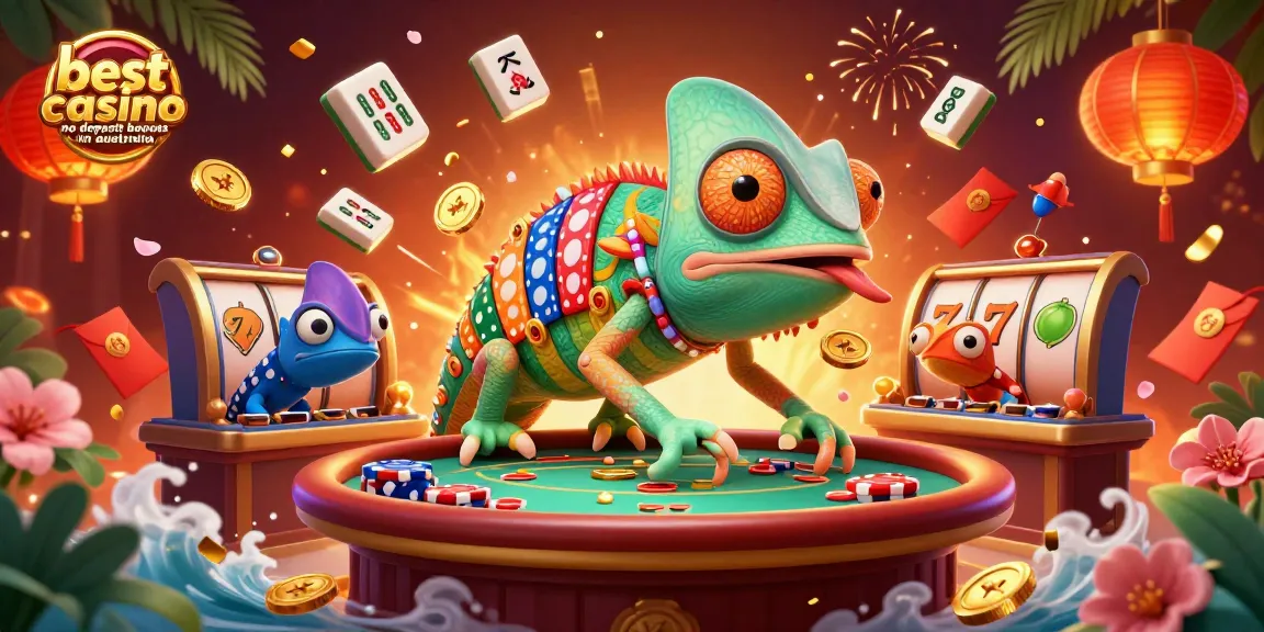Engage with the best casino no deposit bonuses in Australia through a vivid 3D illustration of a playful chameleon.