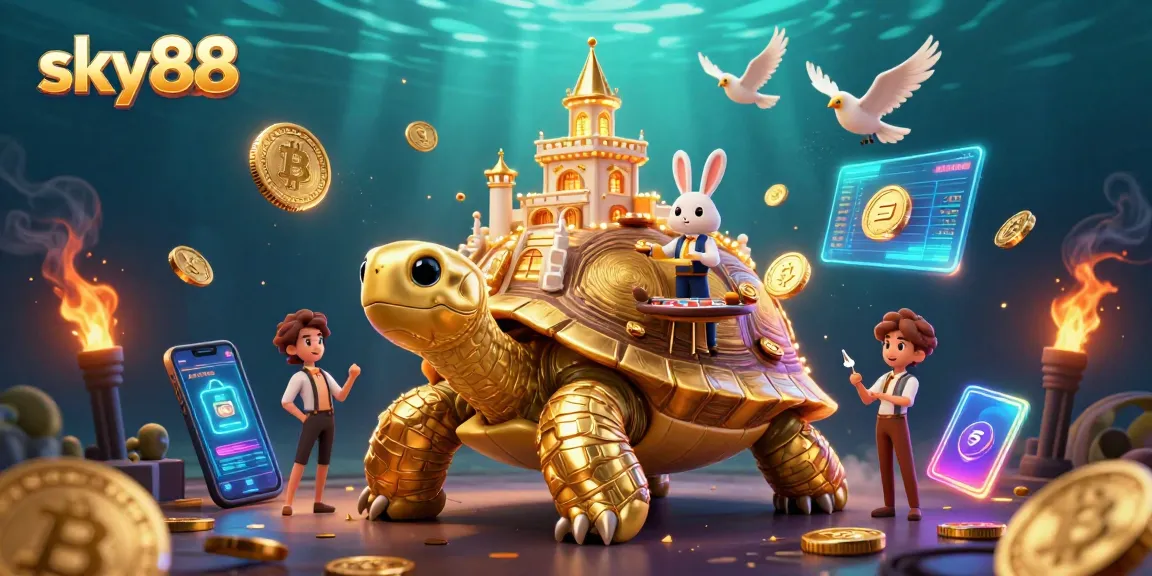 Experience sky88 with a vibrant 3D casino scene featuring a golden tortoise and dynamic game elements.