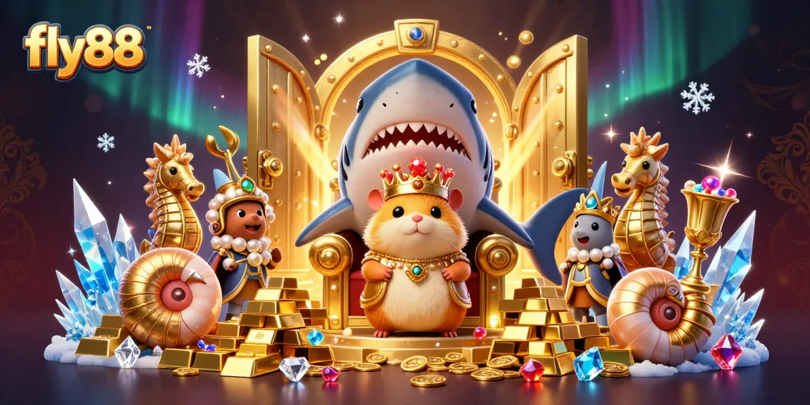 Experience the excitement at fly88 with a thrilling 3D illustration featuring a golden hamster king amidst treasure and casino elements.