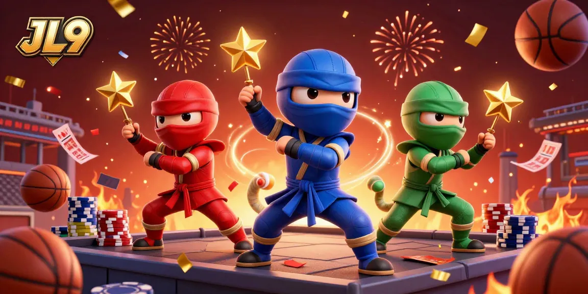 JL9's ninja chameleons bet and win in a vibrant sports-themed 3D casino scene, showcasing action.
