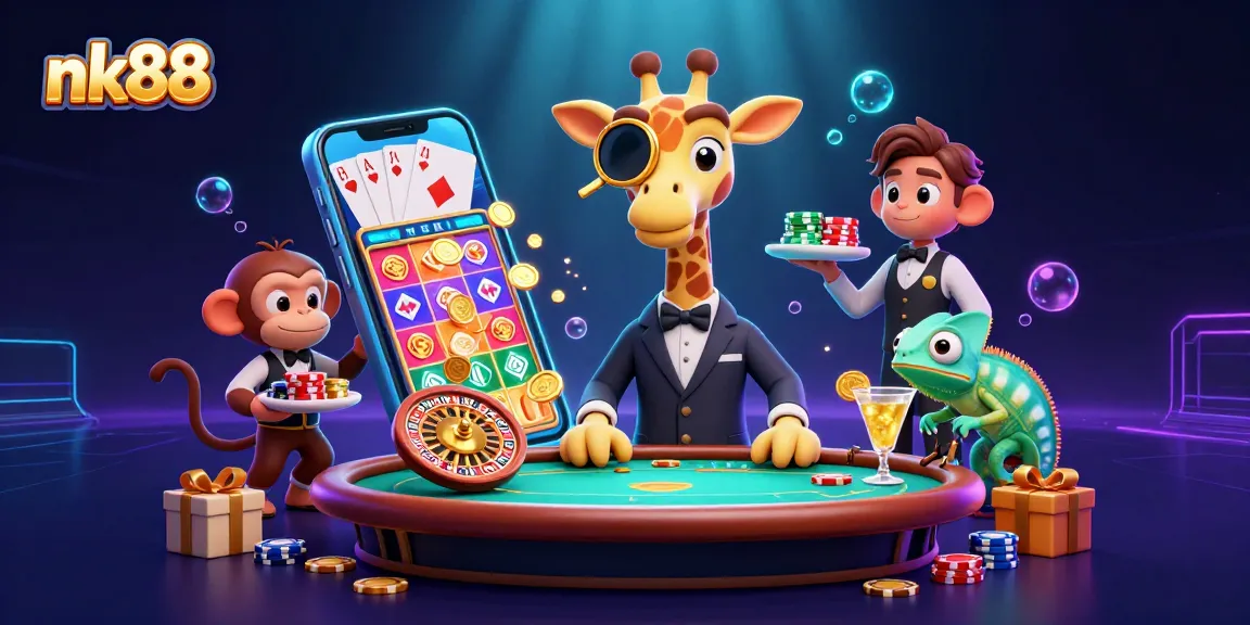 Experience vibrant gaming at nk88 with a giraffe playing poker, amid gold coins and neon excitement.