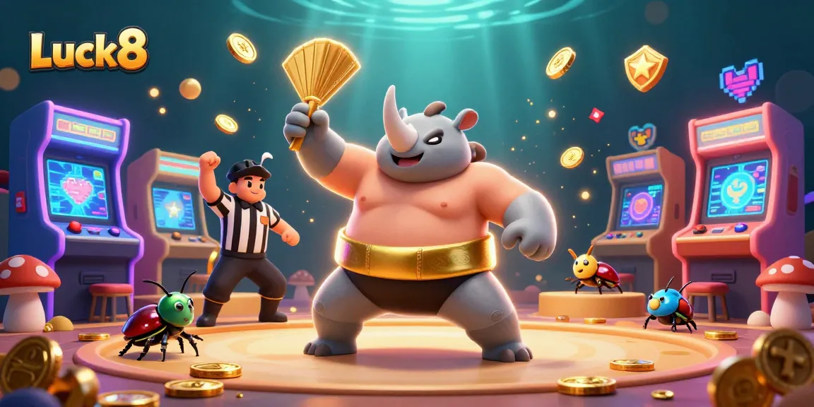Witness the Luck8 gaming adventure as the beetle champion stomps gold coins, energizing the casino atmosphere.
