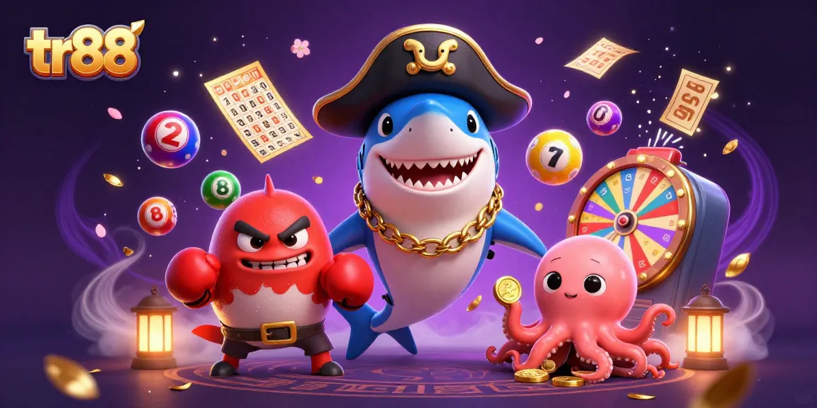 tr88 pirate shark and pufferfish celebrating wins with lively games in a vibrant casino atmosphere