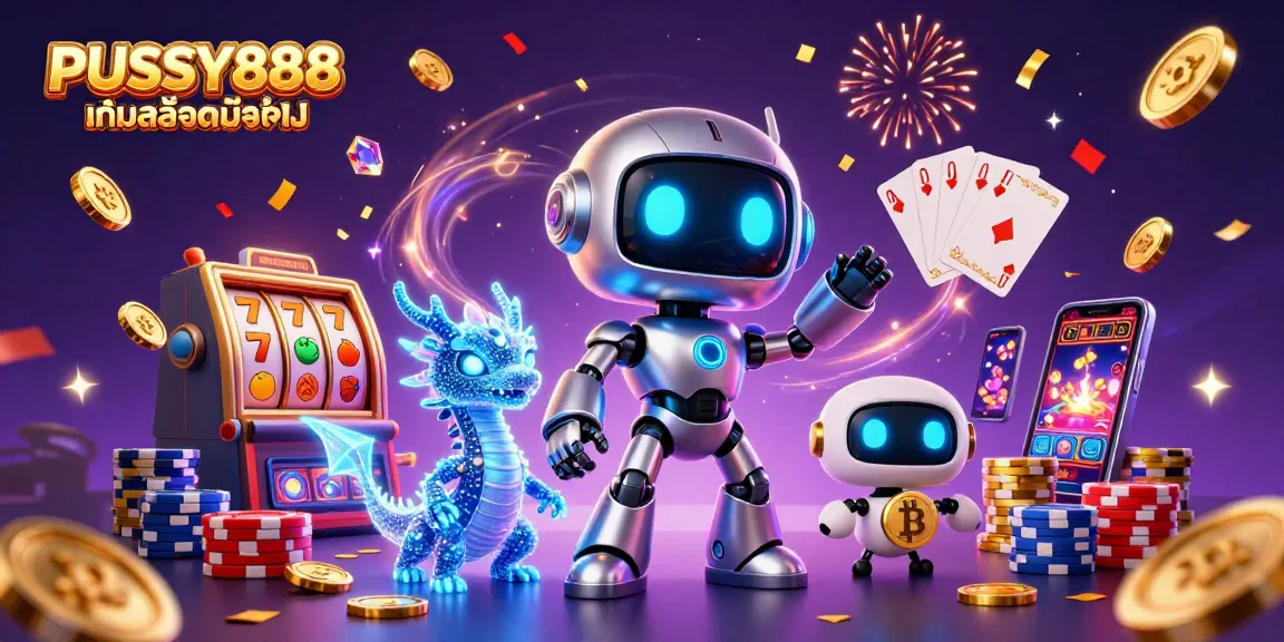 PUSSY888 เกมสล็อตมือถือ showcases a vibrant casino scene with engaging characters and thrilling gaming elements.