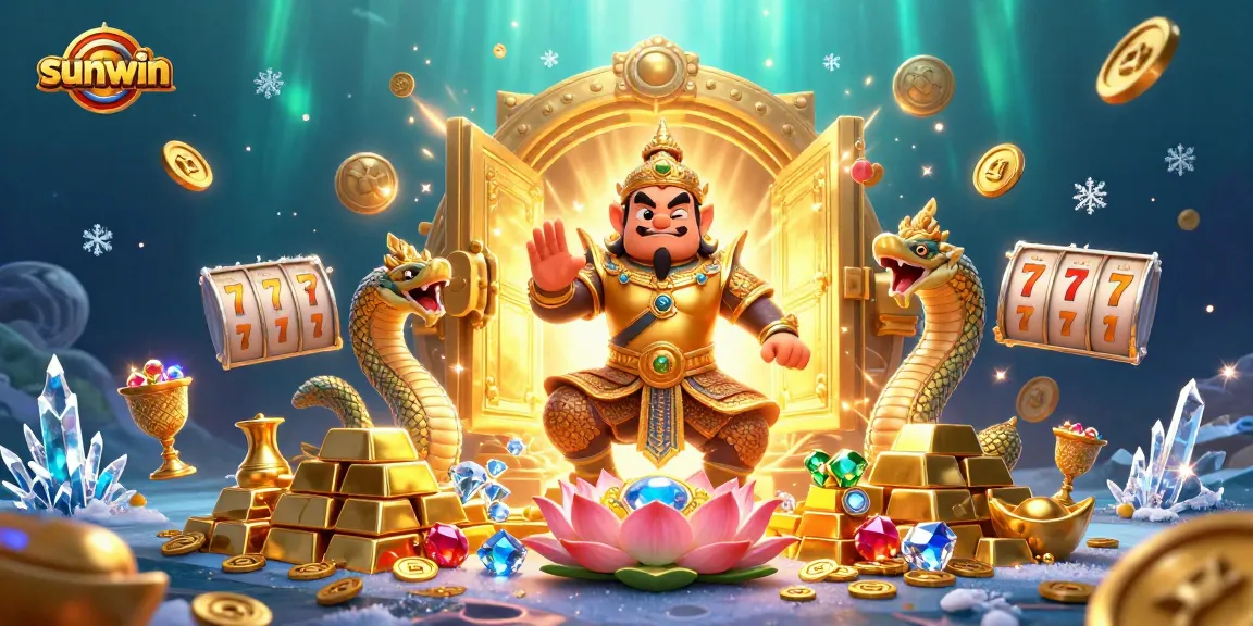 Experience winnings at sunwin with a vibrant 3D scene of a guardian and golden treasures.