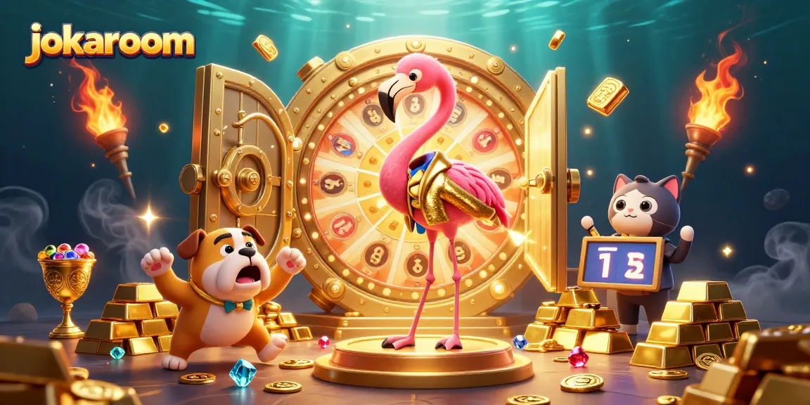 Spin to win with jokaroom's dynamic game show scene featuring flamingo, bulldog, and cat!