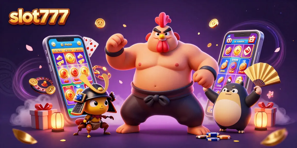 Catch the excitement with slot777 in this vibrant casino illustration featuring dynamic characters and gaming elements.