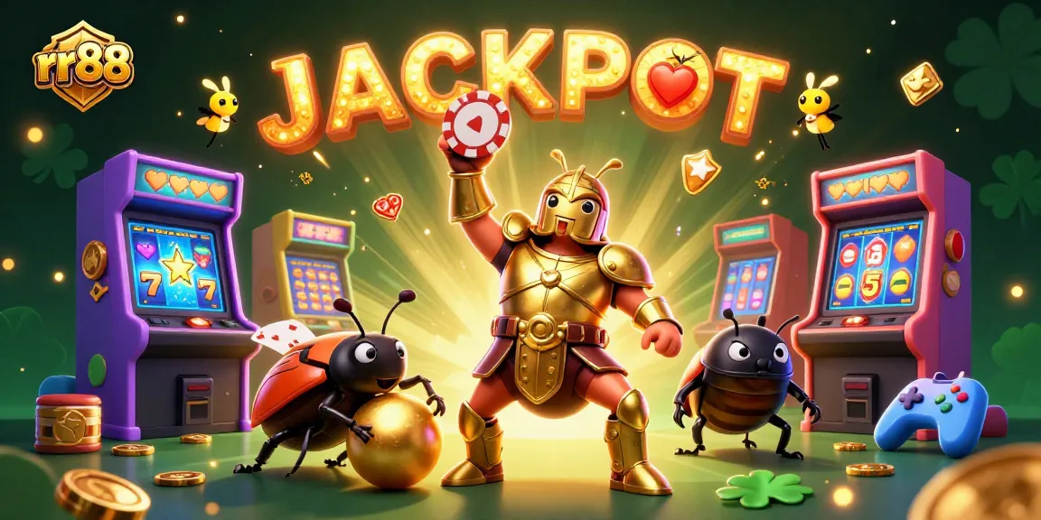 Spin and win at rr88 with a victorious beetle lifting poker chip amidst jackpot excitement.